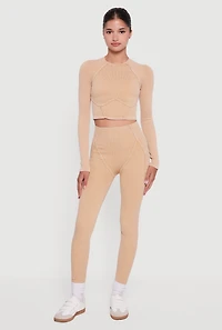 Womens Acid Wash Ribbed Knit Decorative Stitch Active Crop Top,