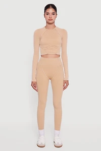 Womens Acid Wash Ribbed Knit Decorative Stitch Active Crop Top,