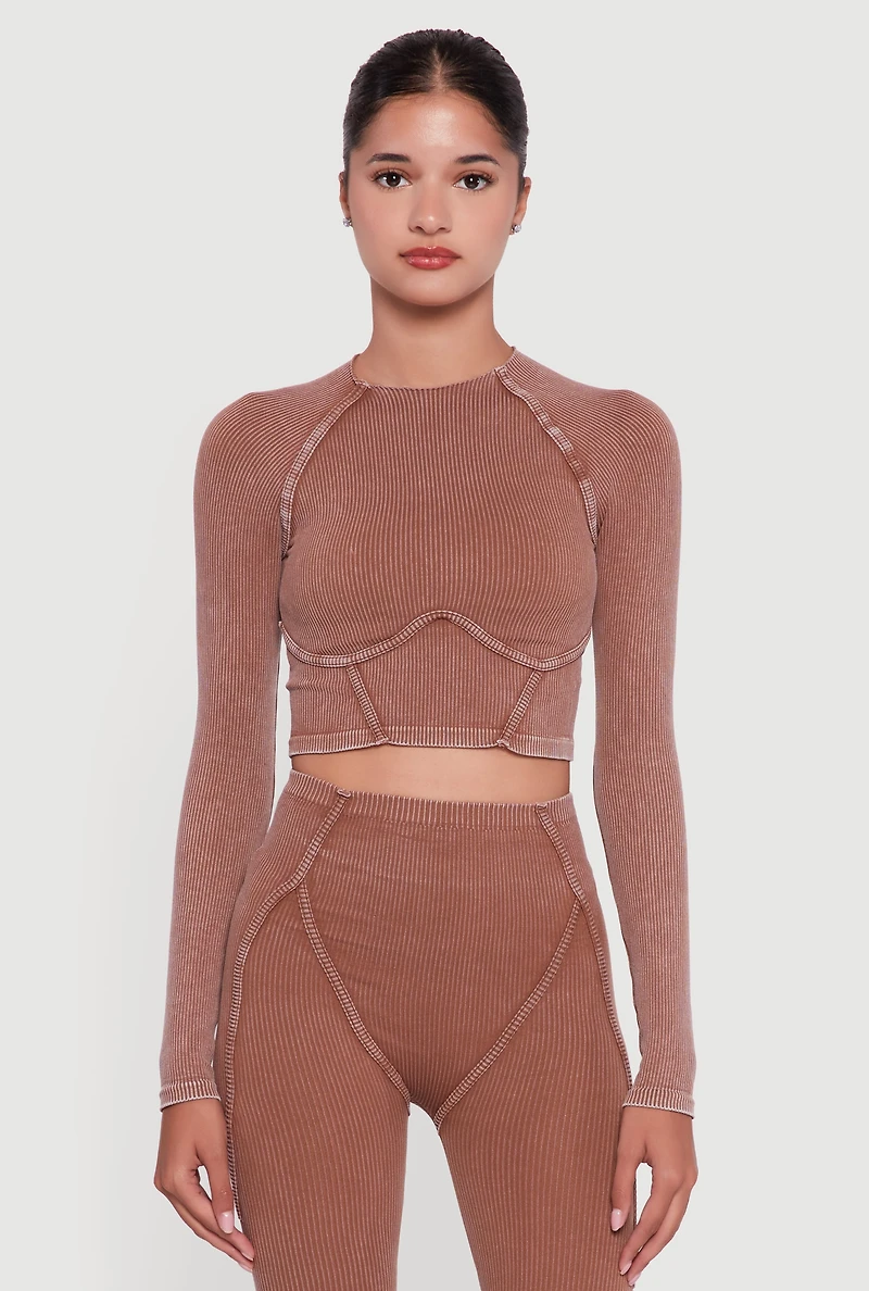 Womens Acid Wash Ribbed Knit Decorative Stitch Active Crop Top,