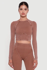 Womens Acid Wash Ribbed Knit Decorative Stitch Active Crop Top,