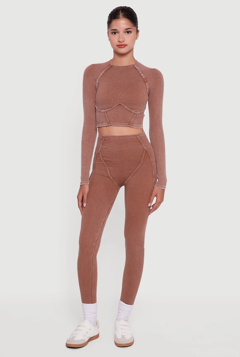 Acid Wash Ribbed Knit Decorative Stitch Active Crop Top