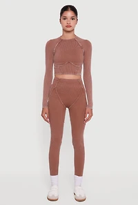 Acid Wash Ribbed Knit Decorative Stitch Active Crop Top