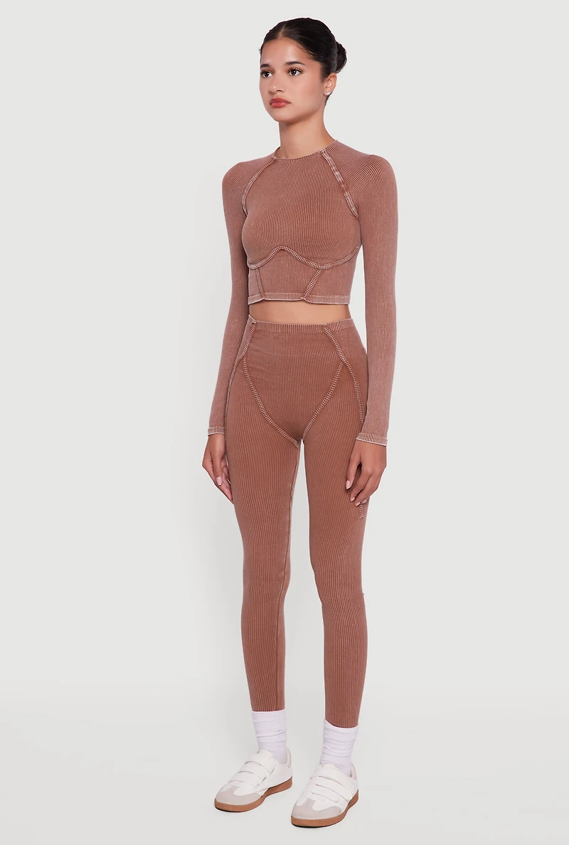 Acid Wash Ribbed Knit Decorative Stitch Active Crop Top