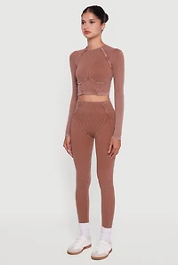 Acid Wash Ribbed Knit Decorative Stitch Active Crop Top