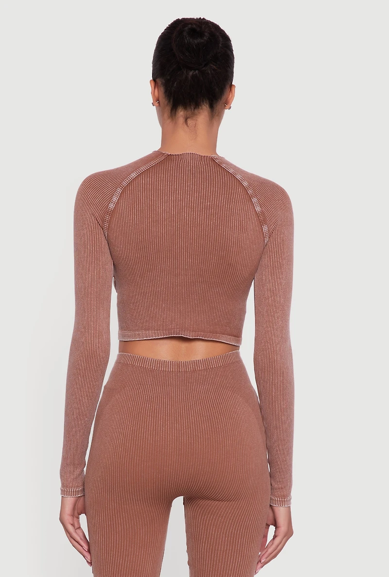 Acid Wash Ribbed Knit Decorative Stitch Active Crop Top