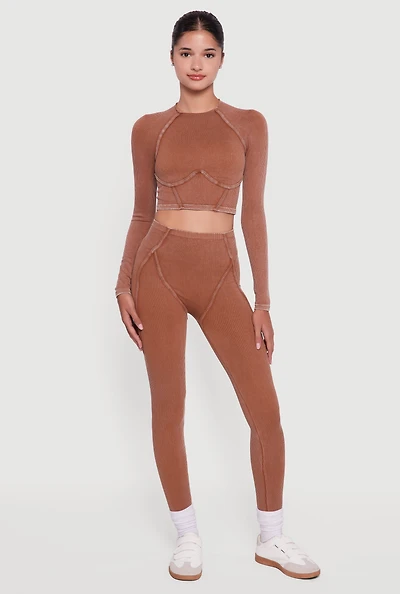 Decorative Stitch Acid Wash Ribbed Knit Leggings