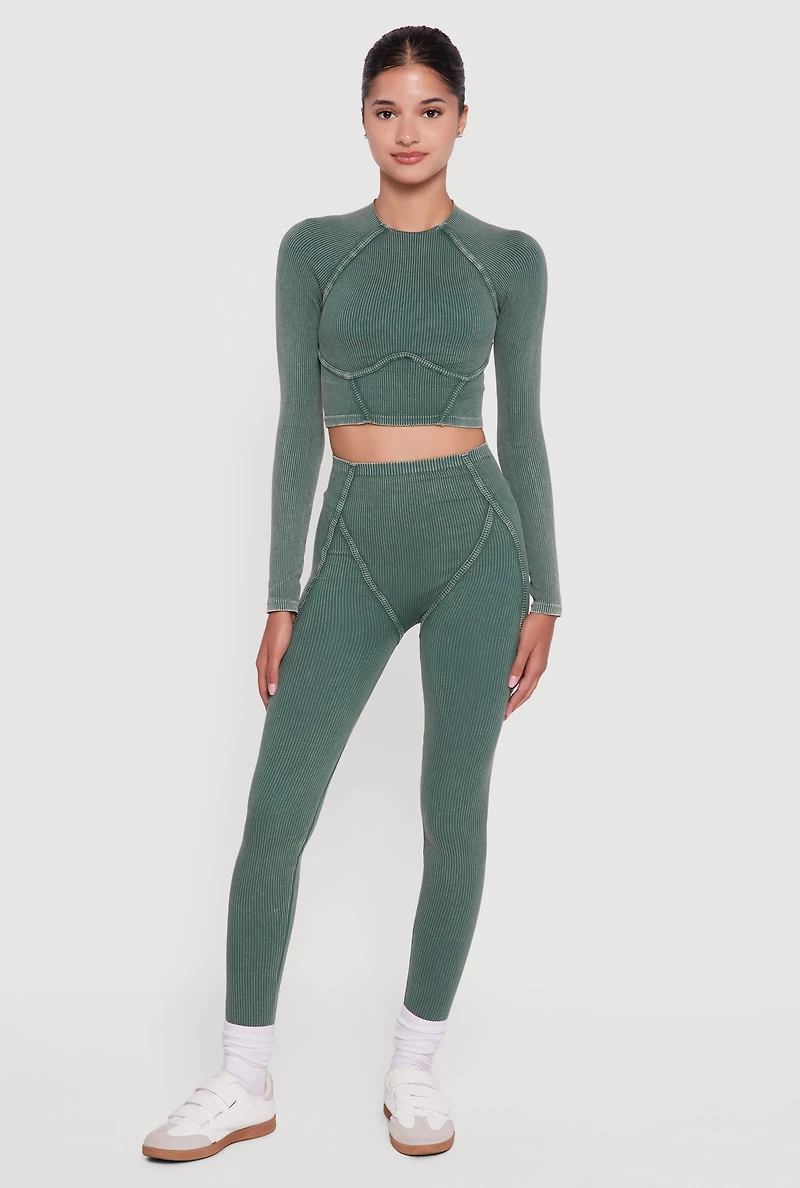 Decorative Stitch Acid Wash Ribbed Knit Leggings