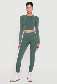 Decorative Stitch Acid Wash Ribbed Knit Leggings