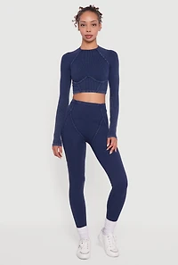 Womens Decorative Stitch Acid Wash Ribbed Knit Leggings,