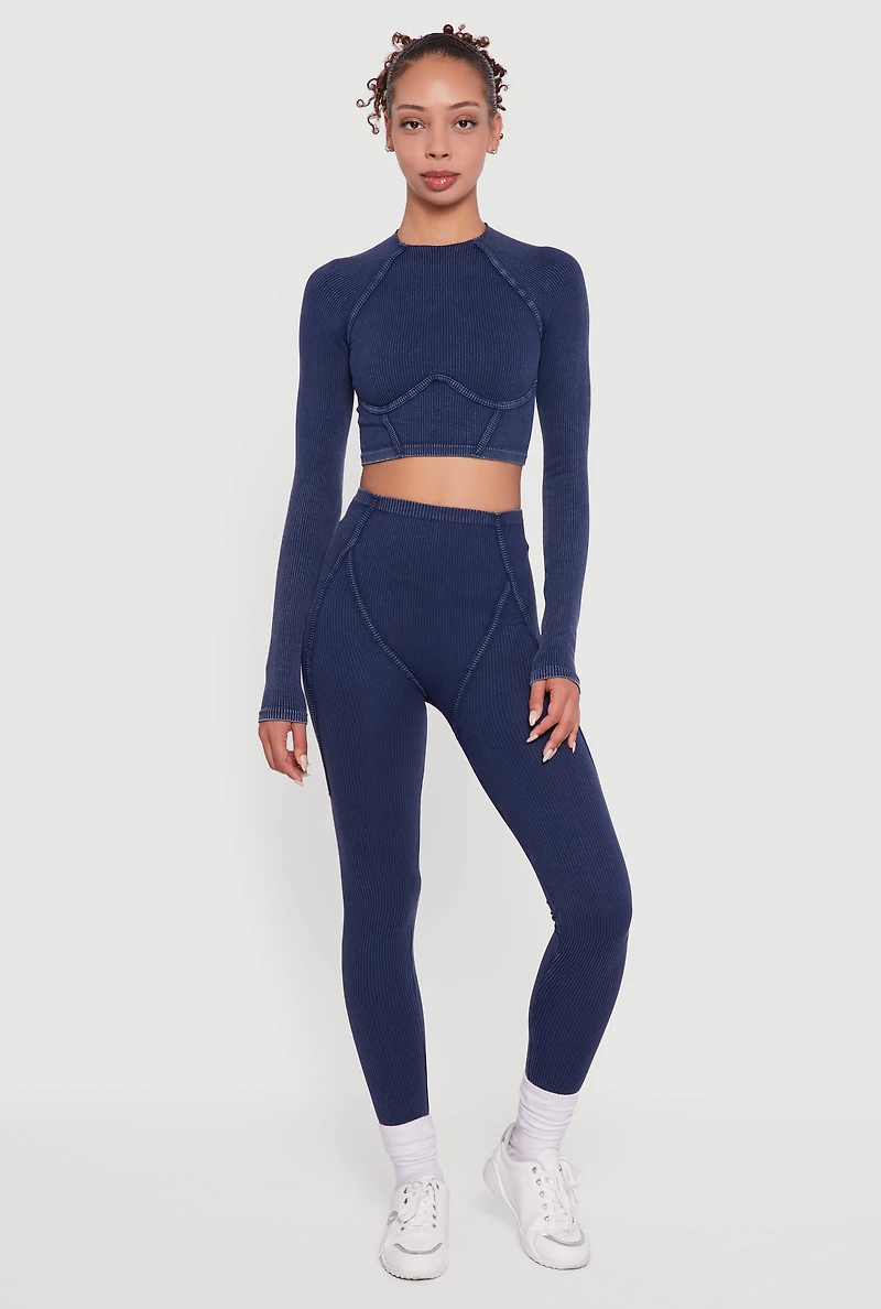 Decorative Stitch Acid Wash Ribbed Knit Leggings