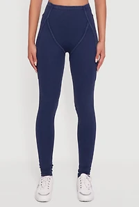 Womens Decorative Stitch Acid Wash Ribbed Knit Leggings,