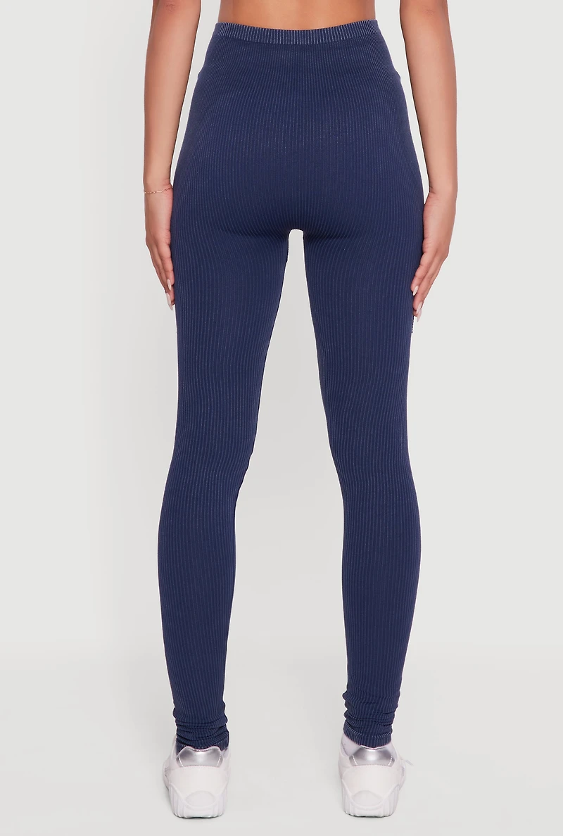 Womens Decorative Stitch Acid Wash Ribbed Knit Leggings,
