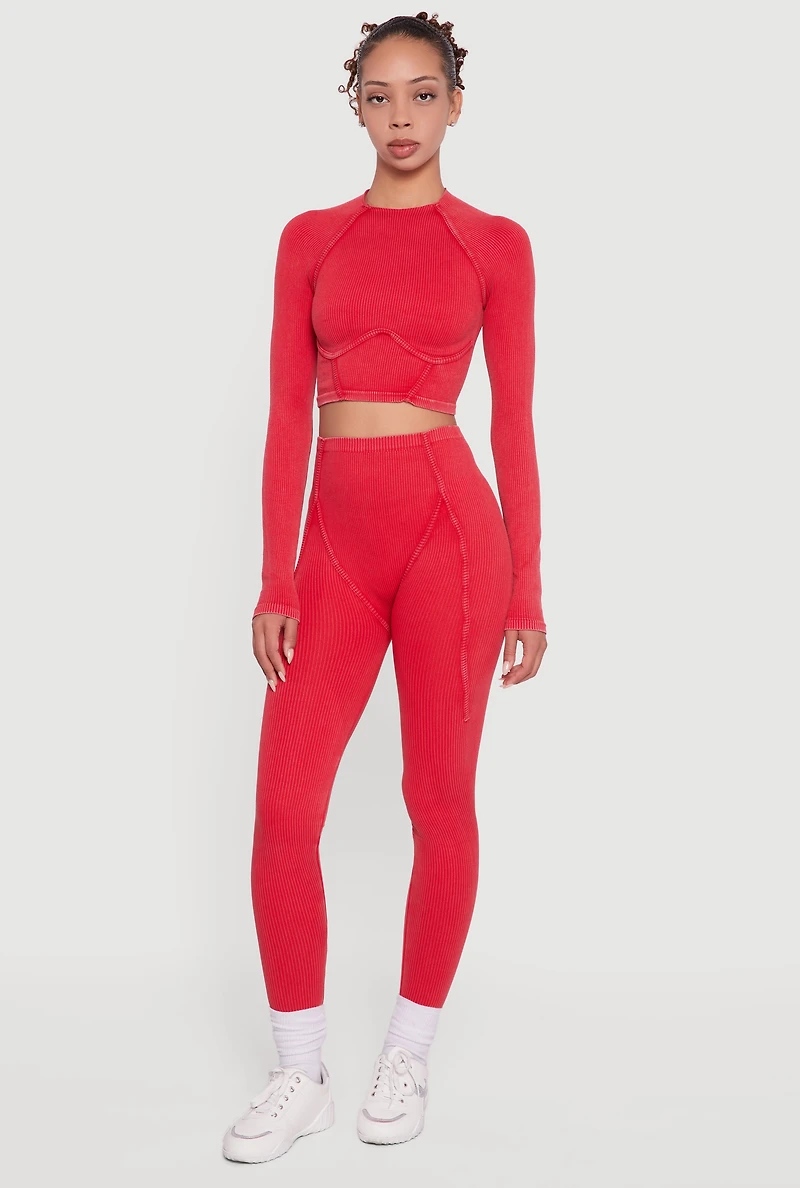 Decorative Stitch Acid Wash Ribbed Knit Leggings