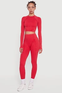 Decorative Stitch Acid Wash Ribbed Knit Leggings