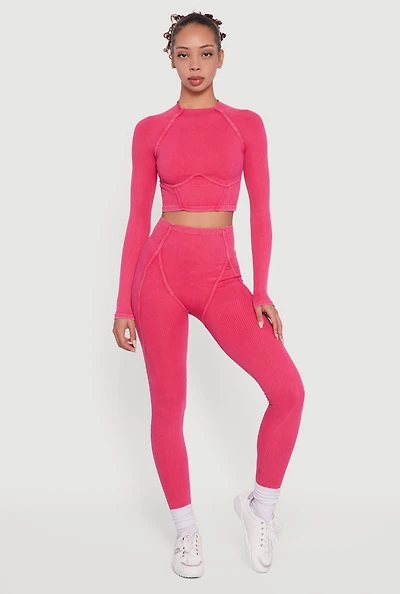 Womens Decorative Stitch Acid Wash Ribbed Knit Leggings,