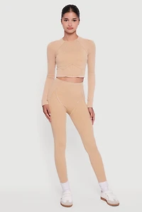 Womens Decorative Stitch Acid Wash Ribbed Knit Leggings, Khaki,