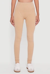Womens Decorative Stitch Acid Wash Ribbed Knit Leggings, Khaki,