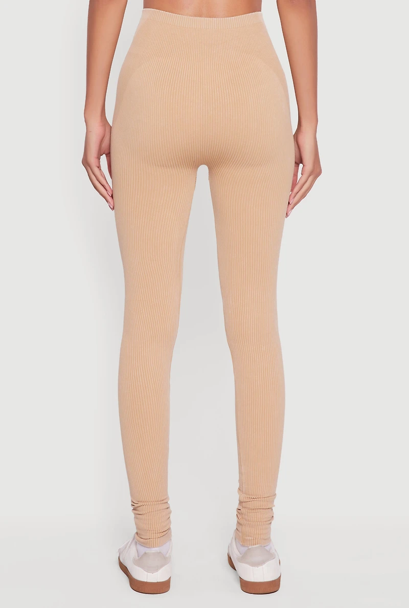Womens Decorative Stitch Acid Wash Ribbed Knit Leggings, Khaki,