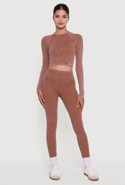 Womens Decorative Stitch Acid Wash Ribbed Knit Leggings,