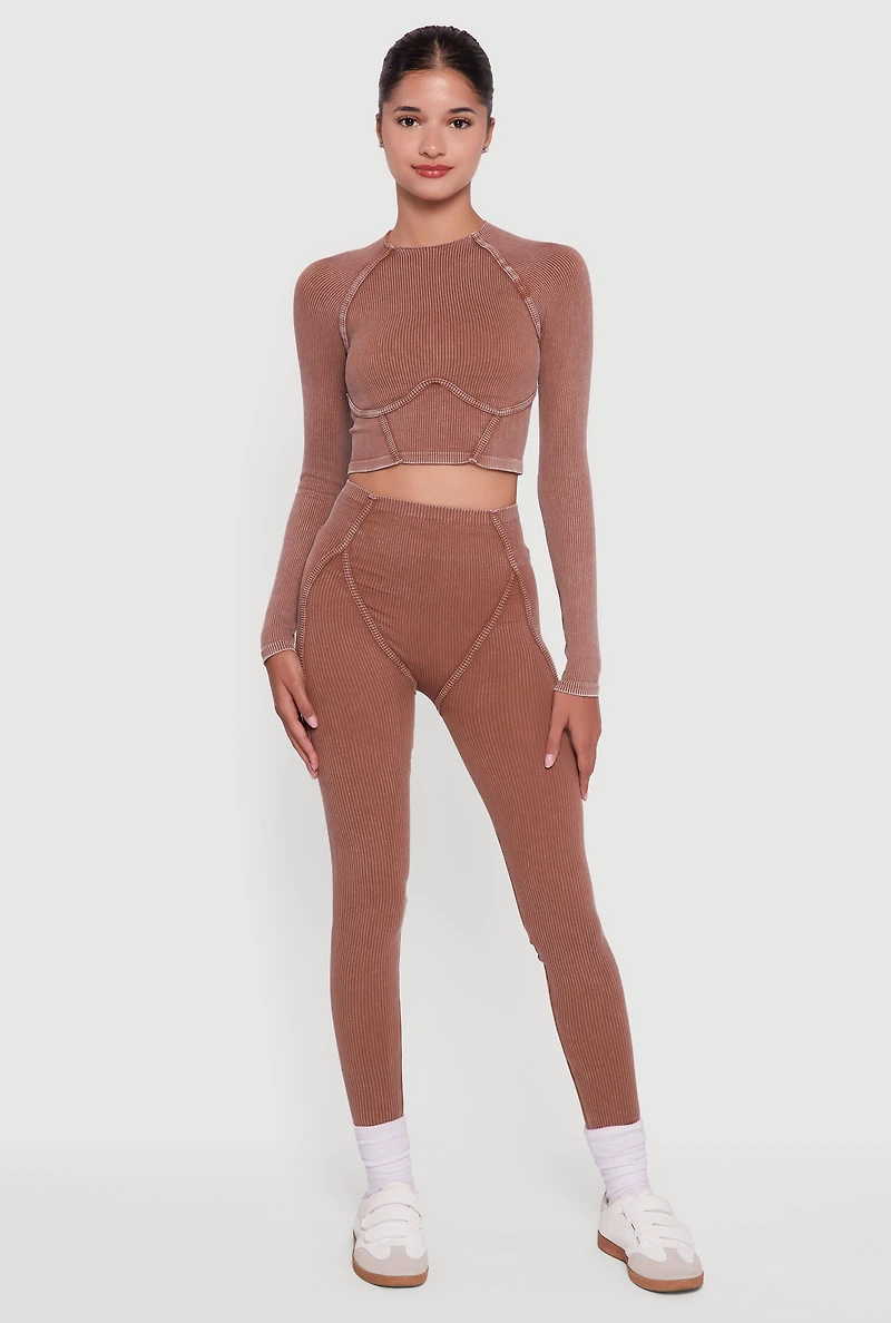 Decorative Stitch Acid Wash Ribbed Knit Leggings