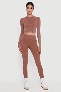Decorative Stitch Acid Wash Ribbed Knit Leggings