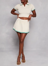 Womens Daisy Knit Varsity Stripe Detail Pleated Skort, Khaki,