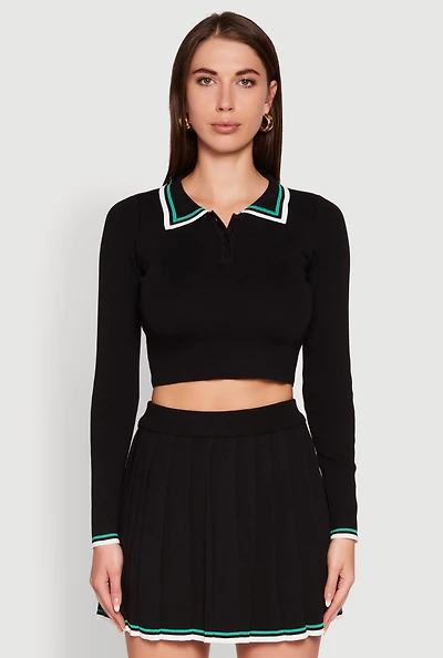 Womens Daisy Contrast Trim Cropped Long Sleeve Polo Shirt,