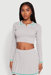 Daisy Contrast Trim Cropped Long Sleeve Polo Shirt