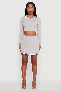 Daisy Contrast Trim Cropped Long Sleeve Polo Shirt
