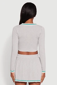 Daisy Contrast Trim Cropped Long Sleeve Polo Shirt