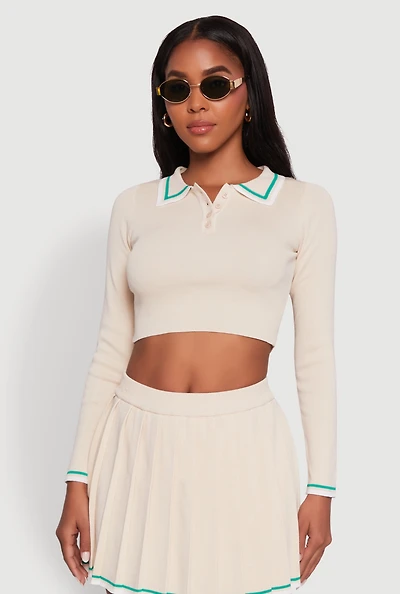 Womens Daisy Contrast Trim Cropped Long Sleeve Polo Shirt,