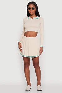 Womens Daisy Contrast Trim Cropped Long Sleeve Polo Shirt,