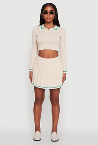 Womens Daisy Contrast Trim Cropped Long Sleeve Polo Shirt,