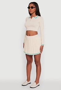 Womens Daisy Contrast Trim Cropped Long Sleeve Polo Shirt,