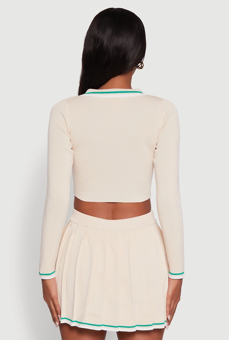 Daisy Contrast Trim Cropped Long Sleeve Polo Shirt