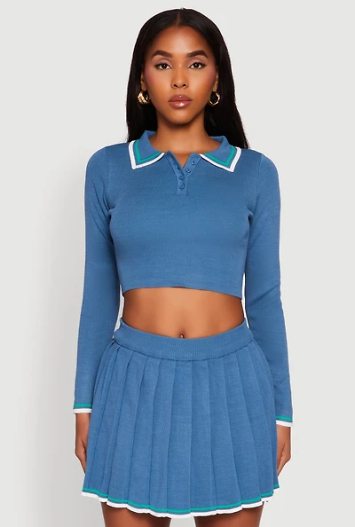 Womens Daisy Contrast Trim Cropped Long Sleeve Polo Shirt,