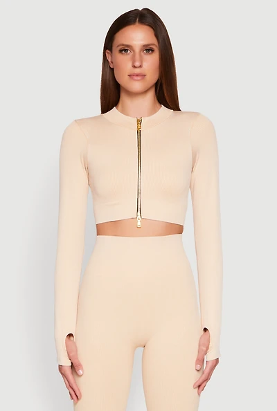 Womens Daisy Ribbed Knit Cropped Track Jacket,