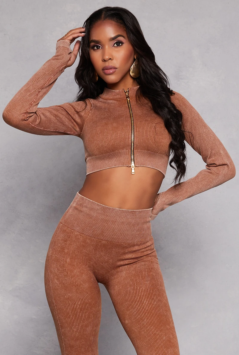 Womens Daisy Ribbed Knit Cropped Track Jacket, Brown,