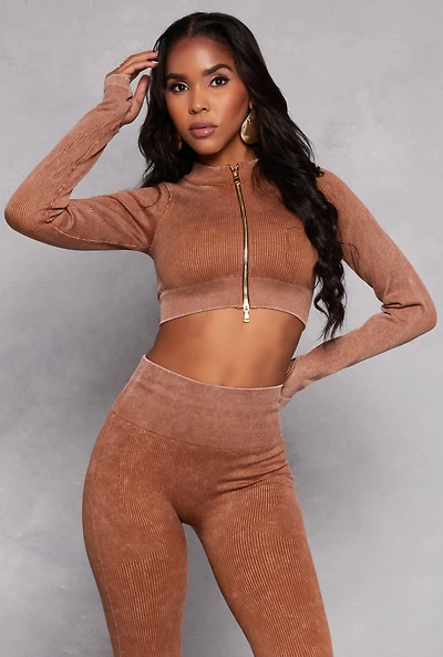 Womens Daisy Ribbed Knit Cropped Track Jacket, Brown, Size M