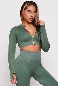 Womens Daisy Ribbed Knit Cropped Track Jacket, Green,