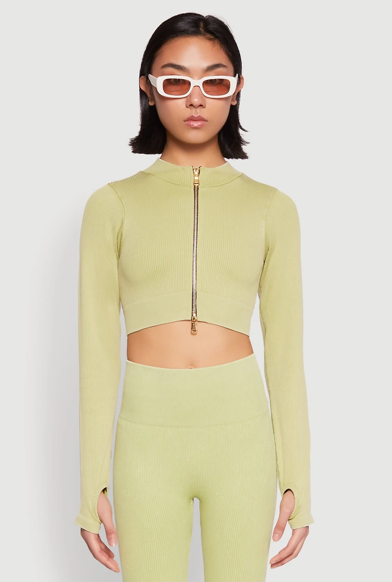 Womens Daisy Ribbed Knit Cropped Track Jacket, Green,