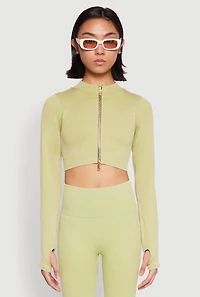 Womens Daisy Ribbed Knit Cropped Track Jacket, Green,