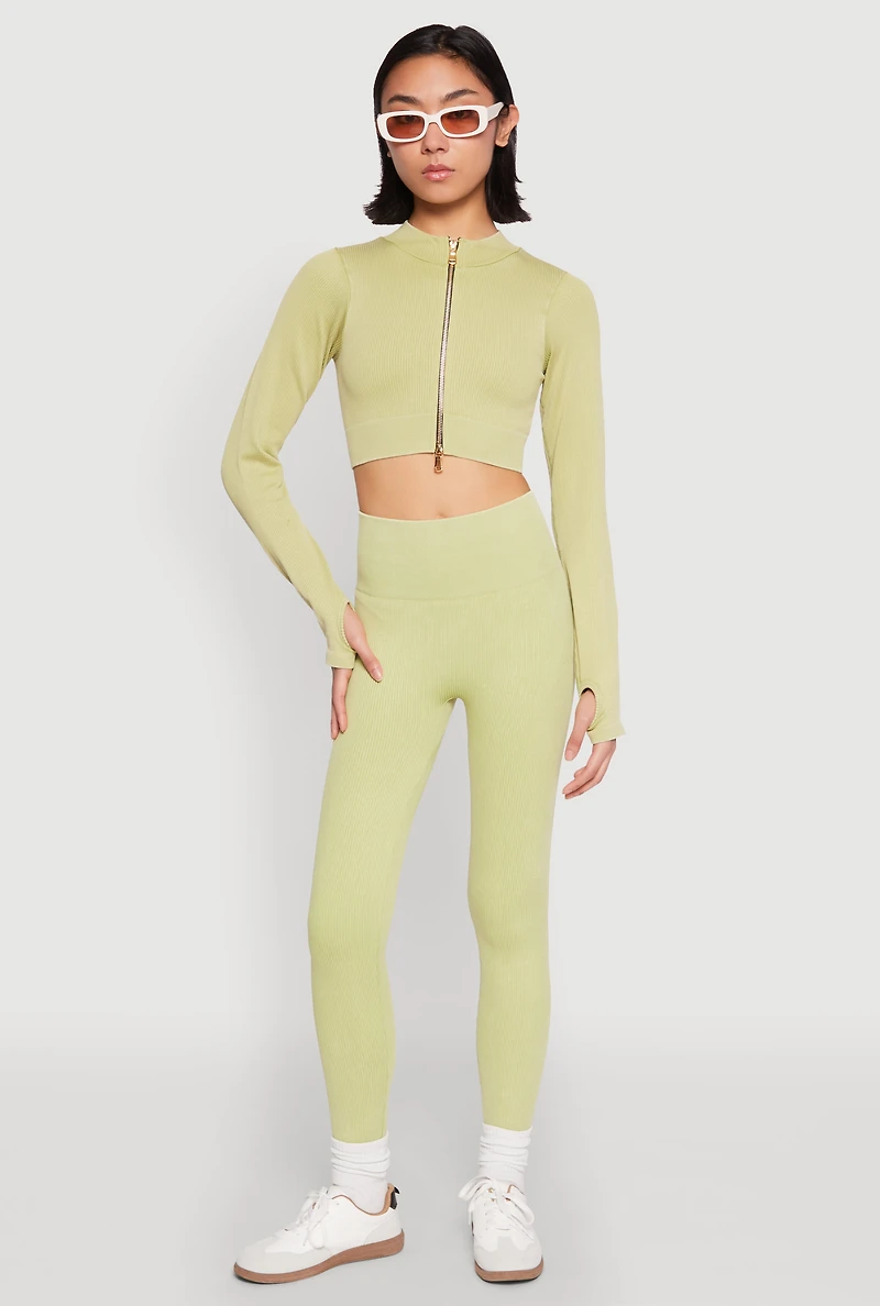 Womens Daisy Ribbed Knit Cropped Track Jacket, Green,