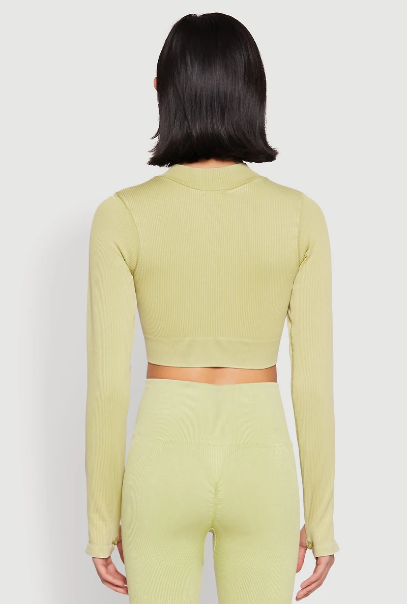 Womens Daisy Ribbed Knit Cropped Track Jacket, Green,