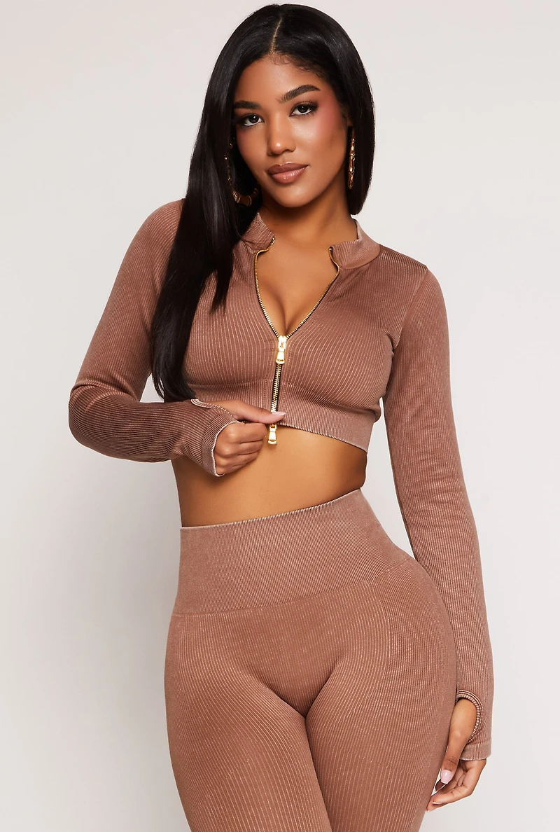Womens Daisy Ribbed Knit Cropped Track Jacket, Brown,