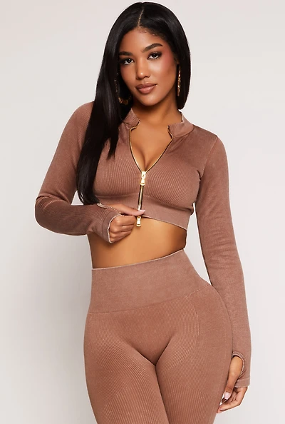 Womens Daisy Ribbed Knit Cropped Track Jacket, Brown,