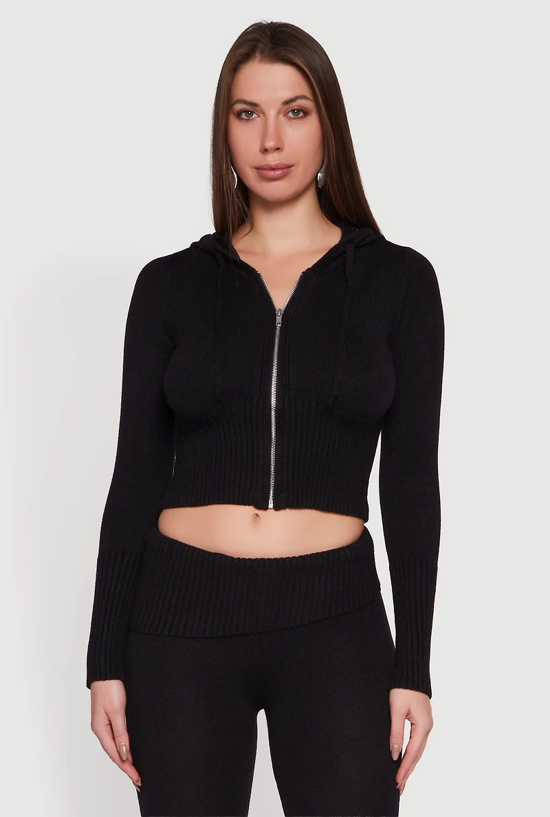 Womens Zip Front Hooded Cropped Sweater, M