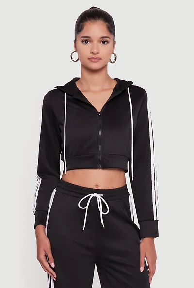Womens Contrast Trim Hooded Zip Front Cropped Jacket,