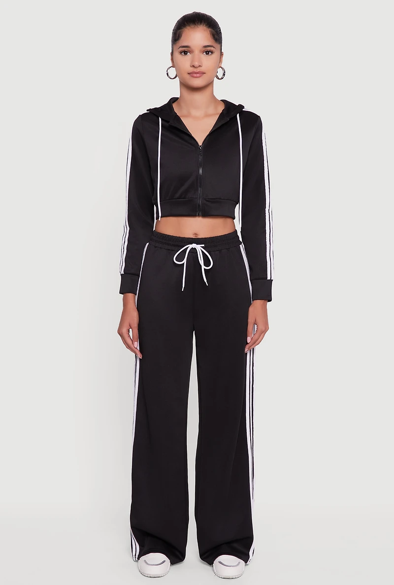 Contrast Trim Hooded Zip Front Cropped Hoodie