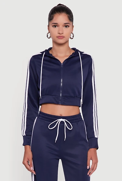Womens Contrast Trim Hooded Zip Front Cropped Jacket,